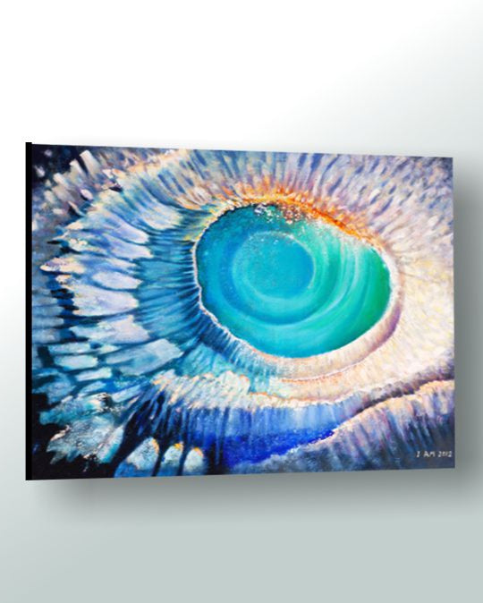 Abstract painting of a eye-like design with blue and orange colors on a white background
