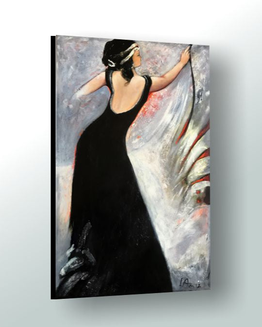 Artwork of a woman in a black dress with a white scarf, on a textured surface.