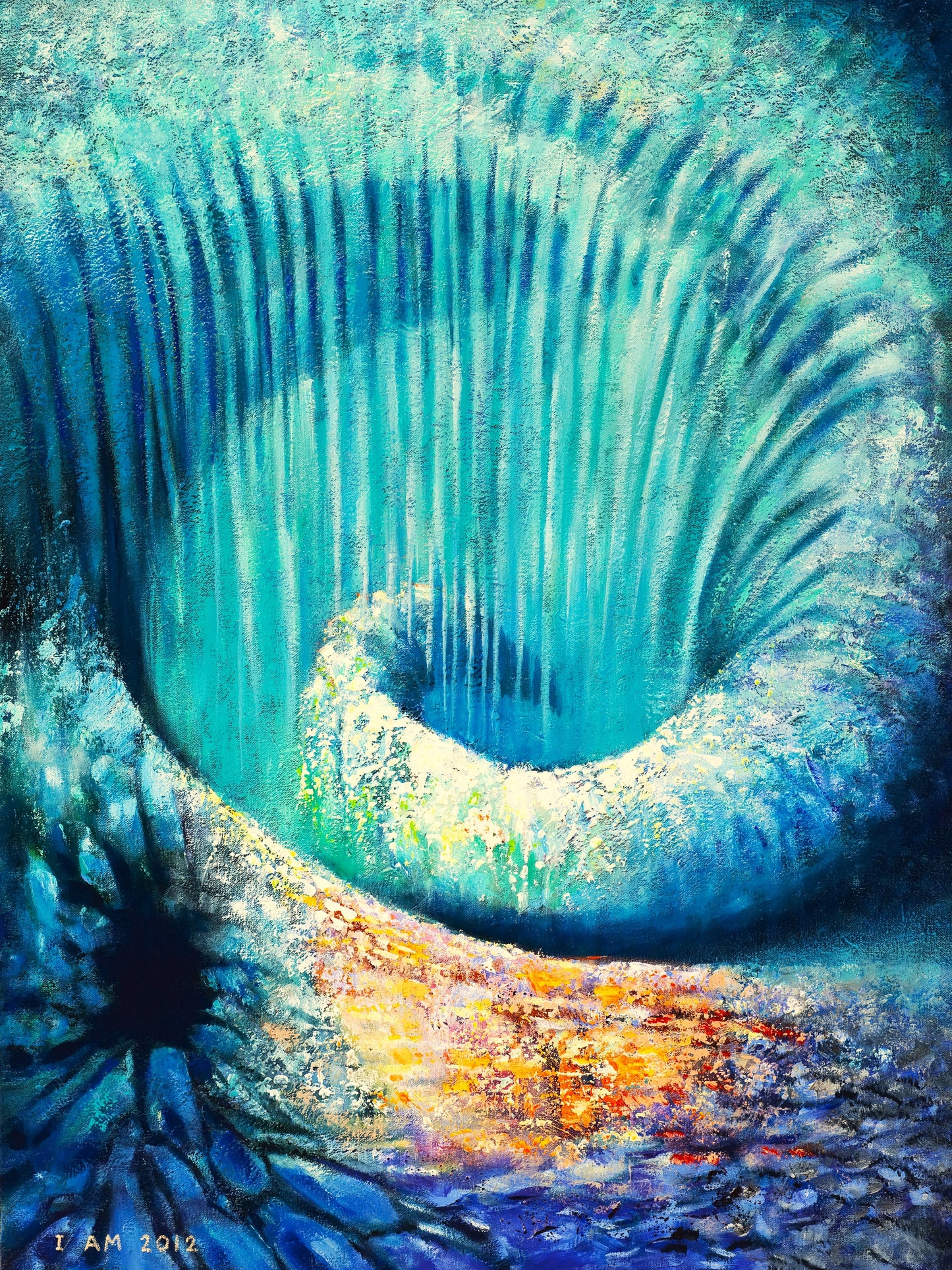 Artistic depiction of a blue eye with a swirling pattern