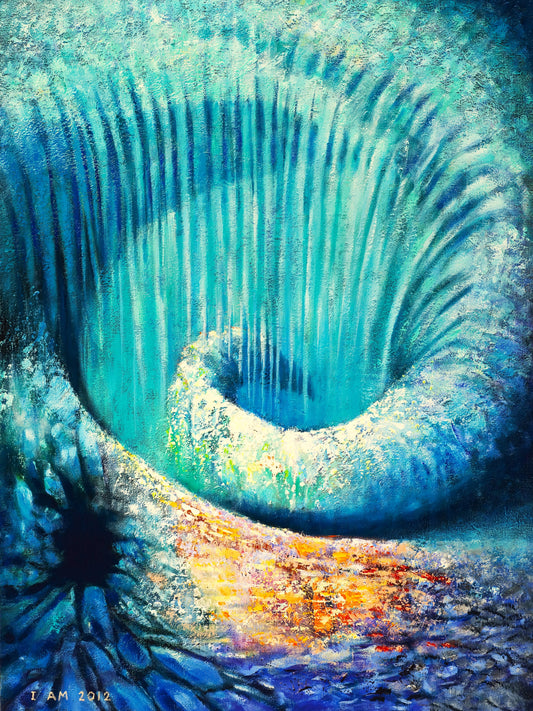 Artistic depiction of a blue eye with a swirling pattern