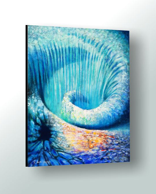 Abstract artwork with swirling blue and green colors on a white background