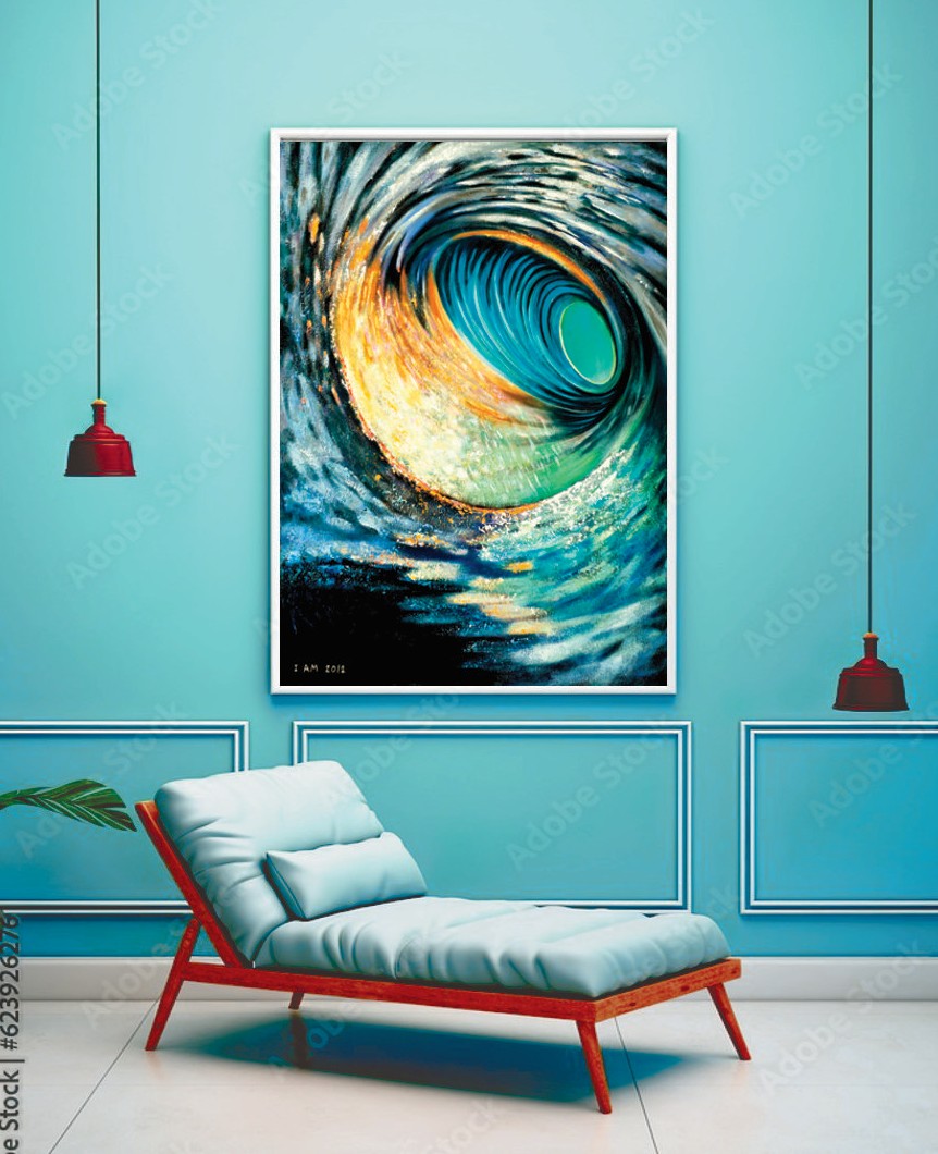 Abstract artwork of a swirling vortex design on a blue wall above a red and white chair.