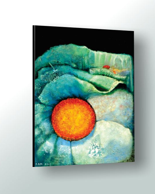 Abstract art piece with a central orange circle on a teal background