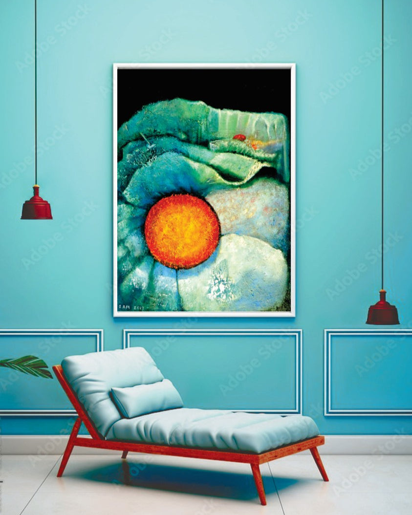 Abstract artwork on a blue wall with a modern chair below it