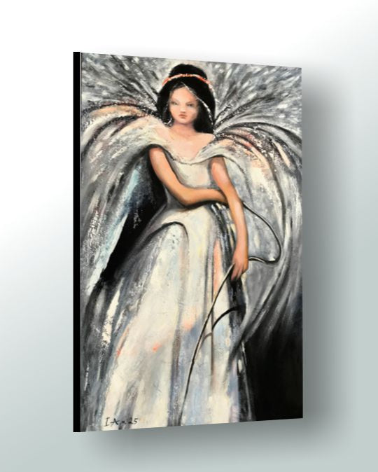 Canvas painting of an angelic figure with a white dress and black hair against a gray background
