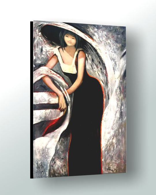 Art painting of a woman with a black hat and dress on a textured background